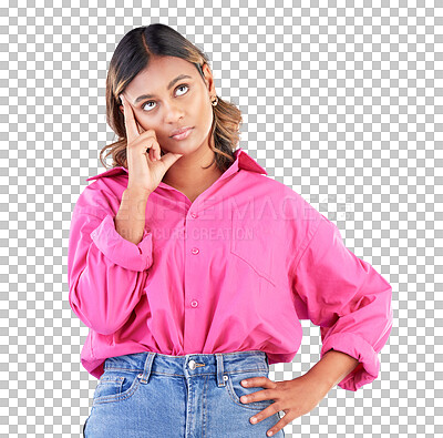 Buy stock photo Thinking, face and frustrated woman rolling eyes with attitude on isolated, transparent or png background. Annoyed, bored and female model with emoji for fake news, whatever or gossip and drama