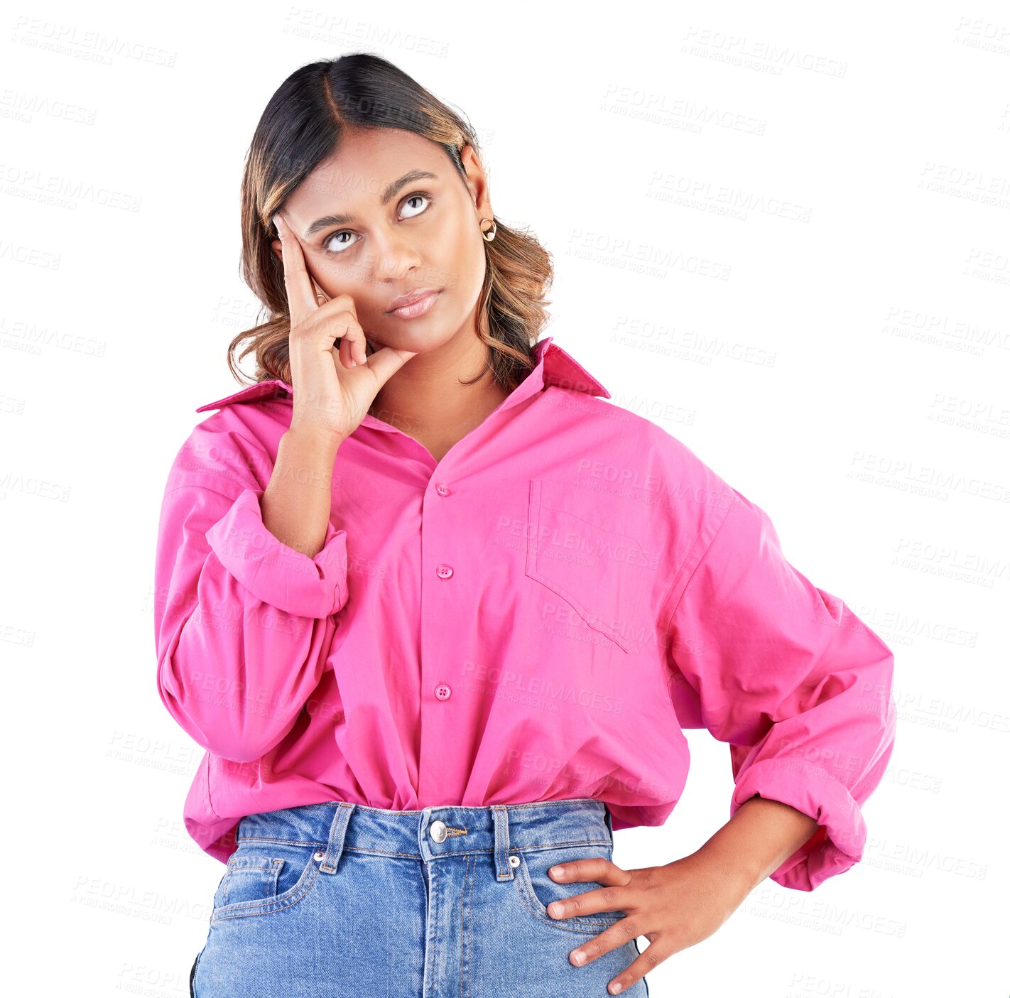 Buy stock photo Thinking, face and frustrated woman rolling eyes with attitude on isolated, transparent or png background. Annoyed, bored and female model with emoji for fake news, whatever or gossip and drama