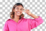 Smile, happy and peace sign with portrait of woman in studio for support, gen z and emoji. Motivation, kindness and winner with face of person on blue background for v icon, positive and symbol