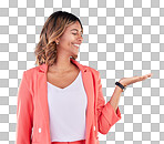 Happy, choice and presentation with woman and space in studio for decision, show and information. Offer, advertising and deal with face of person on blue background for thinking, option and mockup