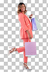 Portrait, fashion and shopping with a woman customer in studio on a blue background for consumerism. Smile, retail and sale with a happy young female shopper holding bags for luxury promotion