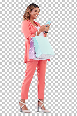 Phone, fashion and shopping bags with a woman customer in studio on a blue background for consumerism. Smile, retail and sale with a happy young female shopper searching for luxury goods on promotion