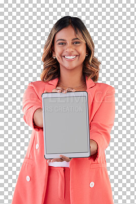 Woman, tablet mockup and screen in portrait, app advertising and website ads isolated on blue background. Digital marketing, news and communication, female person with multimedia and technology brand