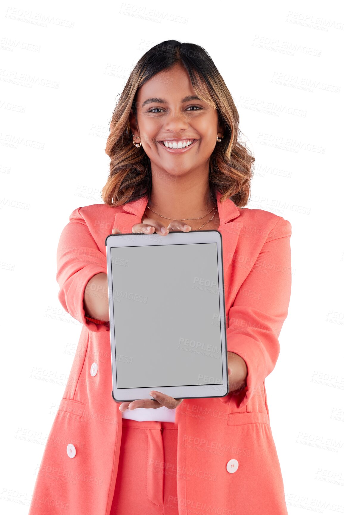 Buy stock photo Happy business woman, portrait and tablet screen isolated on a transparent PNG background. Female person or employee smile showing technology app, display or mockup space for advertising or marketing