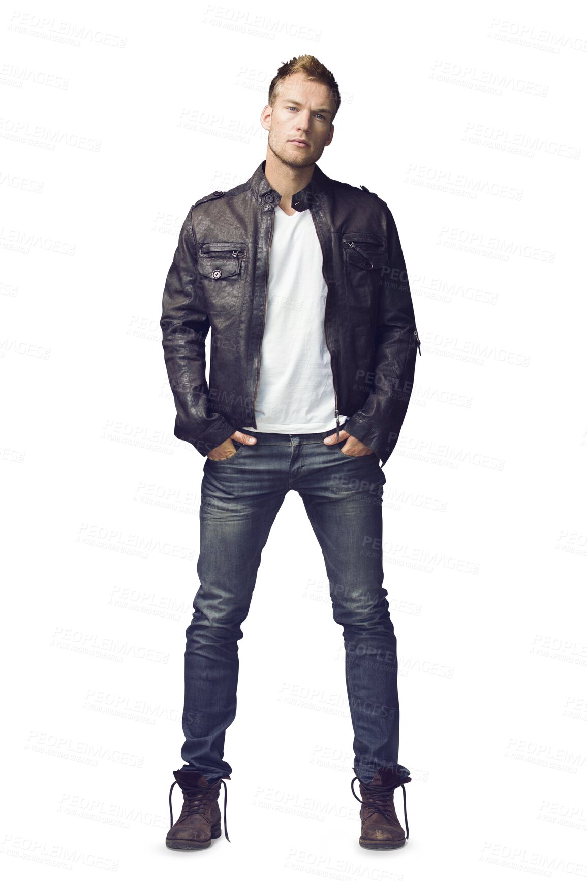 Buy stock photo Portrait, biker fashion and man isolated on transparent png background with confidence. Full body, leather jacket and jeans with serious male model, masculine style and edgy punk in youth culture.