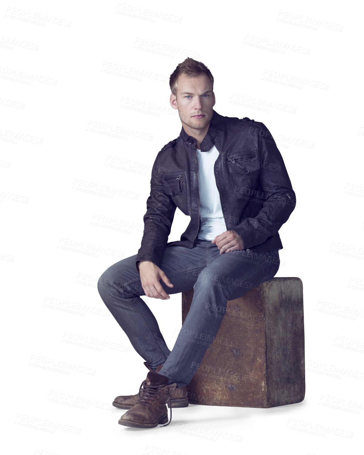 Buy stock photo Portrait, male fashion and sitting isolated on transparent png background with confidence in biker style. Man, leather jacket and jeans with serious model, masculine punk and edgy in rock culture.