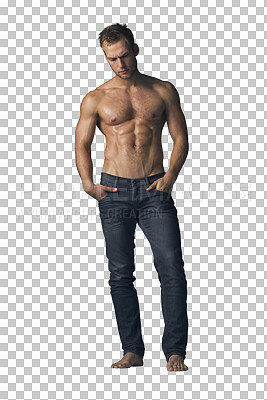 Buy stock photo Muscle, body and strong man with six pack for fashion, fitness and confidence isolated on png transparent background. Abdomen, topless and serious Irish model in jeans with abs and healthy