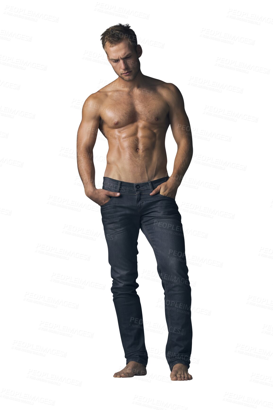 Buy stock photo Muscle, body and strong man with six pack for fashion, fitness and confidence isolated on png transparent background. Abdomen, topless and serious Irish model in jeans with abs and healthy