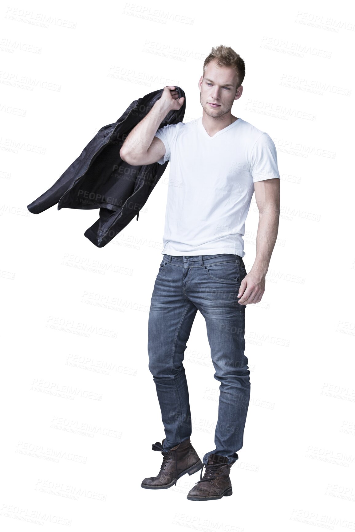 Buy stock photo Portrait, hipster fashion and man isolated on transparent png background with confidence. Body, leather jacket on shoulder and jeans on serious male model, biker style and edgy punk with culture.