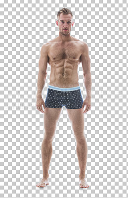 Buy stock photo Muscle, body and man in underwear with abs for fitness and confidence in portrait isolated on png transparent background. Strong, topless and serious Irish model bodybuilding, six pack and healthy