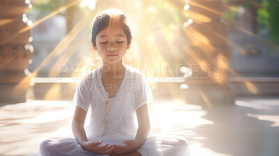 Prayer, meditation and peace with young girl for worship, zen and spirituality. Mindfulness practice