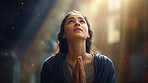 Prayer, meditation and peace with woman for worship, zen and spirituality. Mindfulness and practice