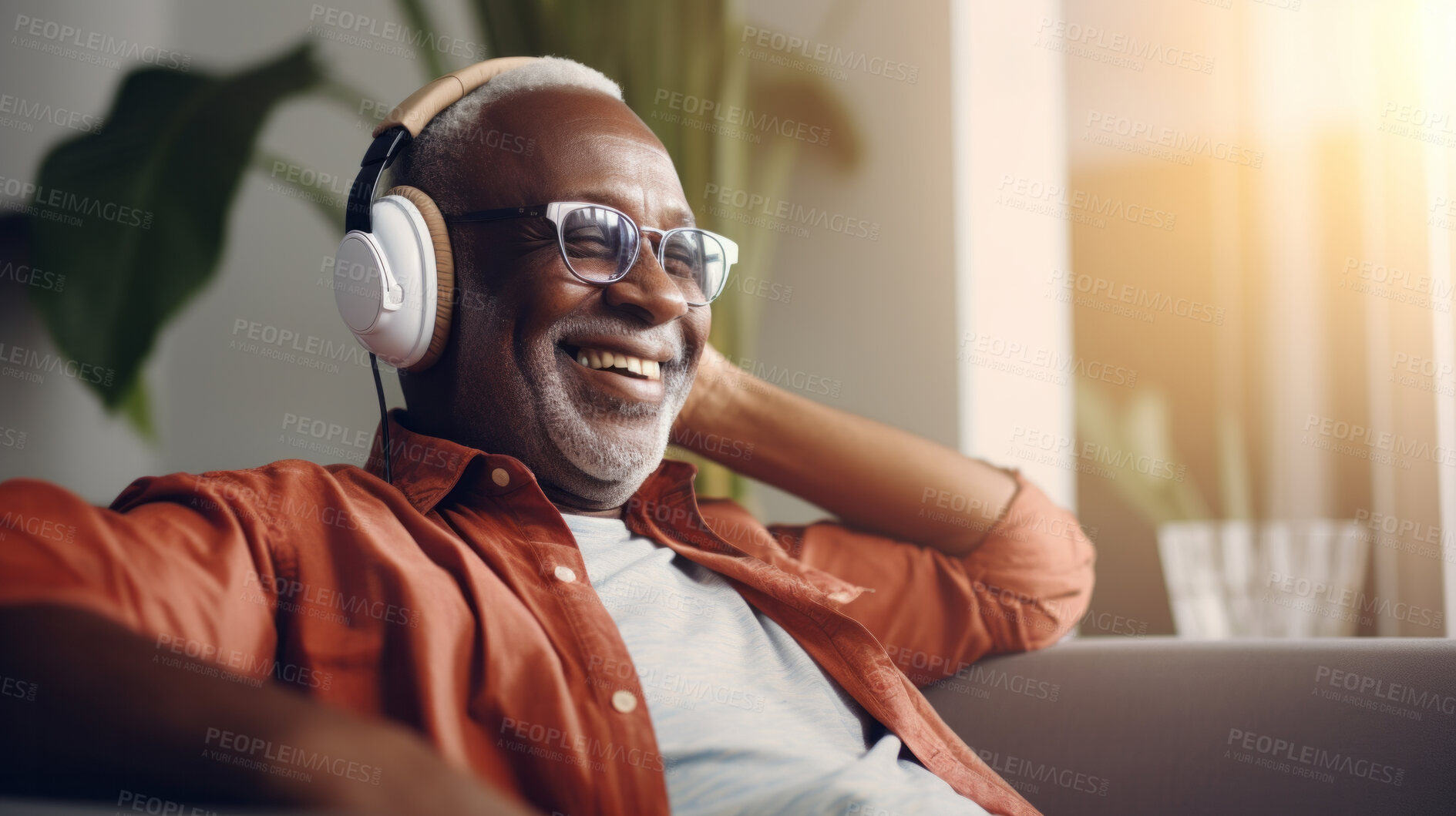 Buy stock photo Senior man listen to music with headphones on vacation on sunny day, beach vacation or retirement