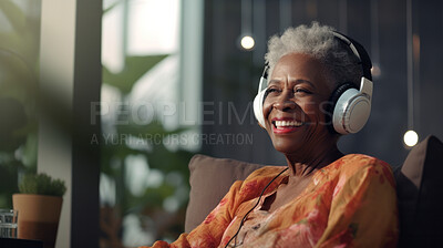 Senior woman listen to music with headphones on vacation on sunny day, beach vacation or retirement