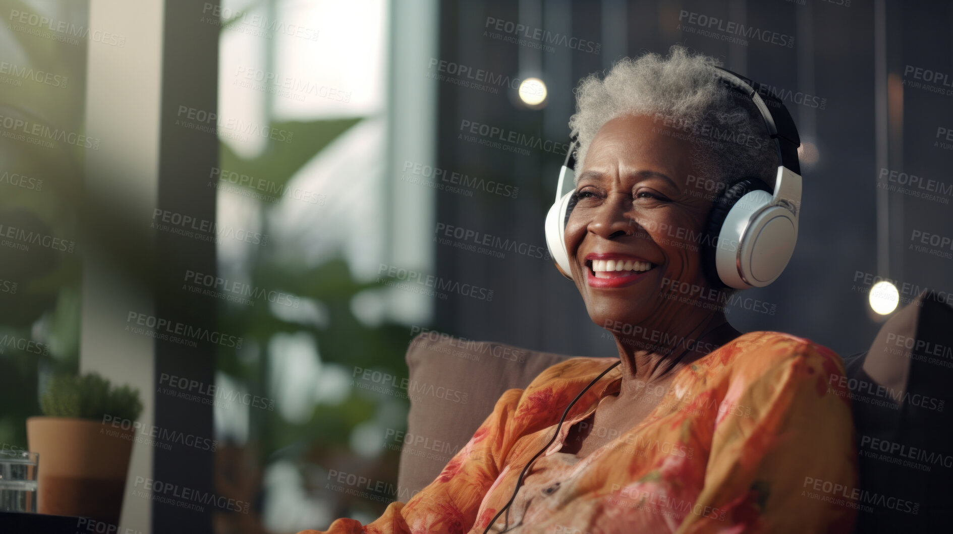 Buy stock photo Senior woman listen to music with headphones on vacation on sunny day, beach vacation or retirement