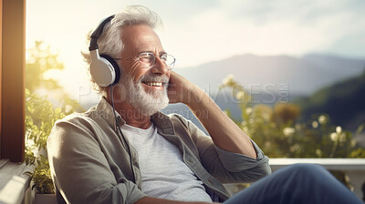 Senior man listen to music with headphones on vacation on sunny day, beach vacation or retirement