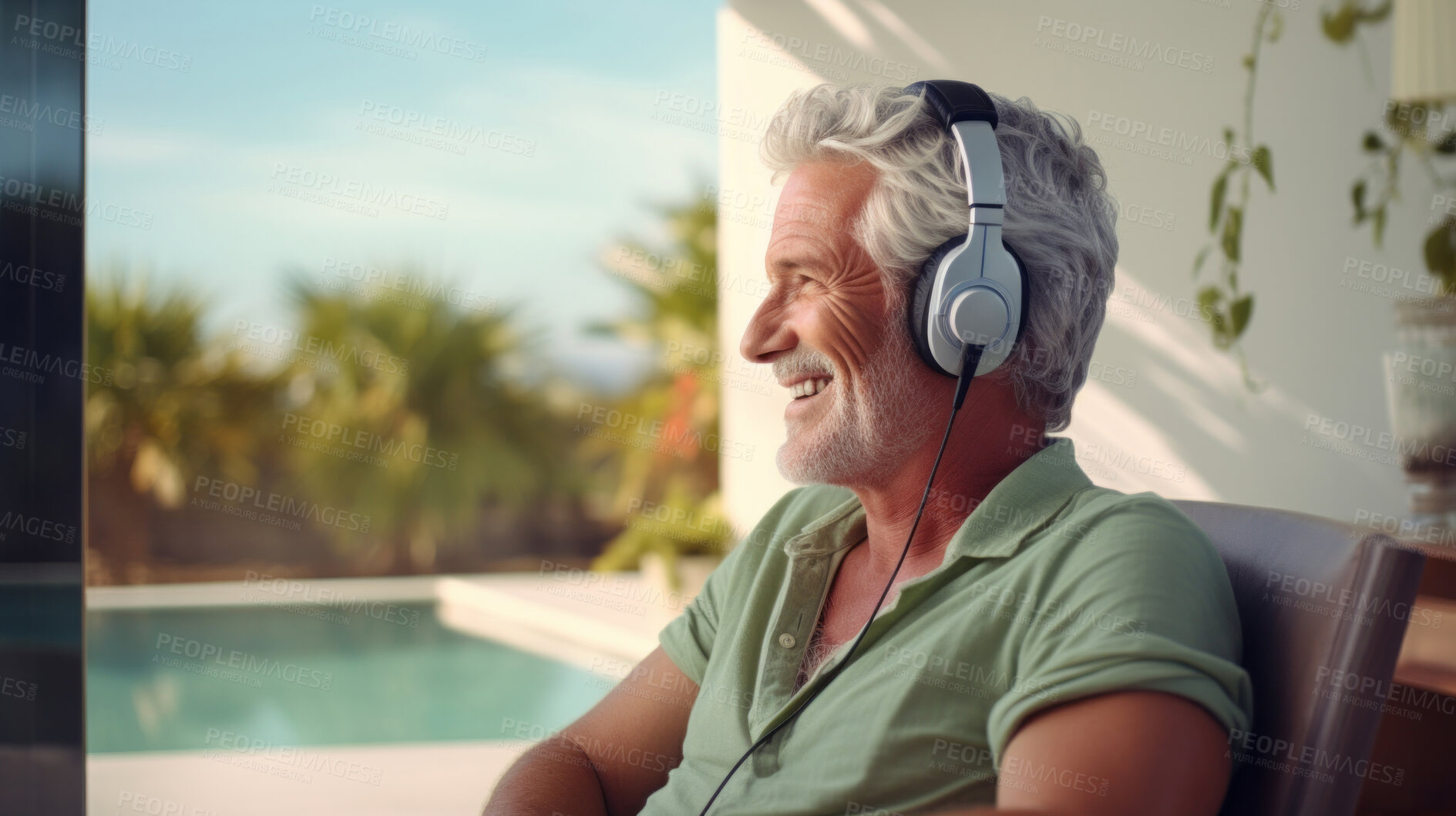 Buy stock photo Senior man listen to music with headphones on vacation on sunny day, beach vacation or retirement