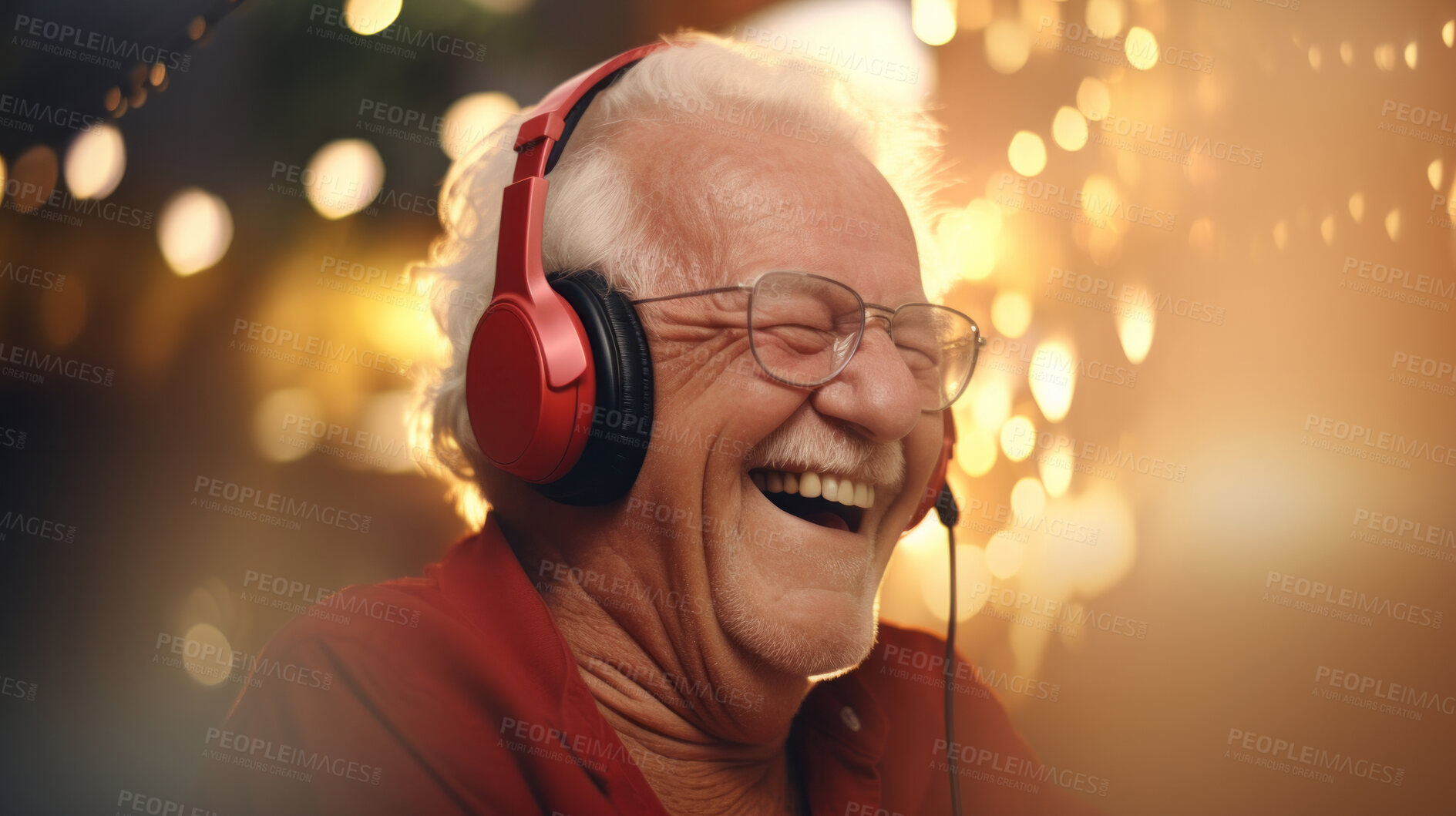 Buy stock photo Senior man listen to music with headphones on vacation on sunny day, beach vacation or retirement