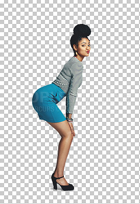 Buy stock photo Black woman, fashion and portrait with flirt, pout and pose with trendy clothes and duck face. Confidence, African female person and model from Kenya isolated on a transparent, png background