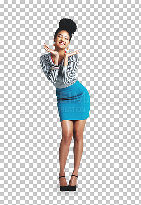 Buy stock photo Woman, happy and portrait with a funny pose and excited with modern, trendy and stylish fashion. Smile, cute and clothes with style confidence from Brazil isolated on a transparent, png background