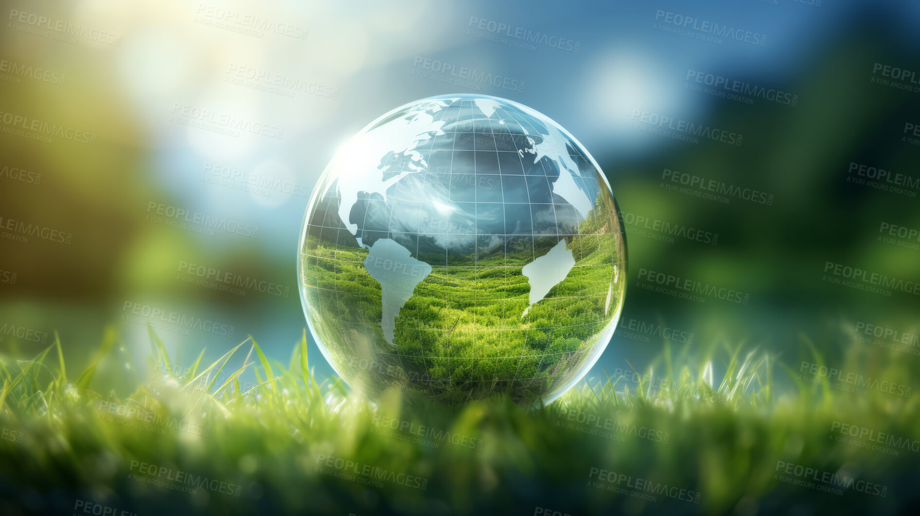 Buy stock photo Earth globe on grass in a forest - environment concept. World Earth Day background