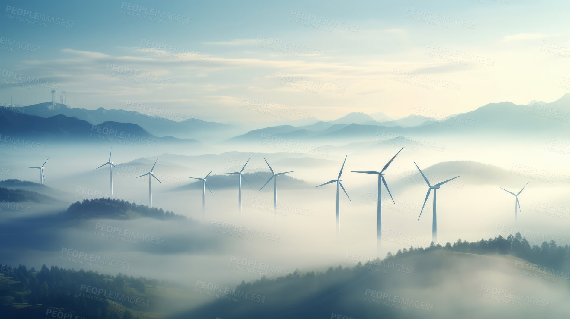 Buy stock photo Group of wind turbines for electric power production. Windmill farm aerial view