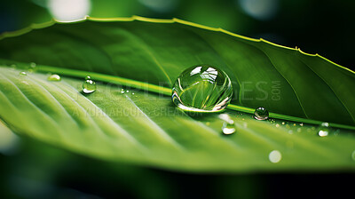 Large drops of rain water on a green leaf macro. Leaf texture in nature