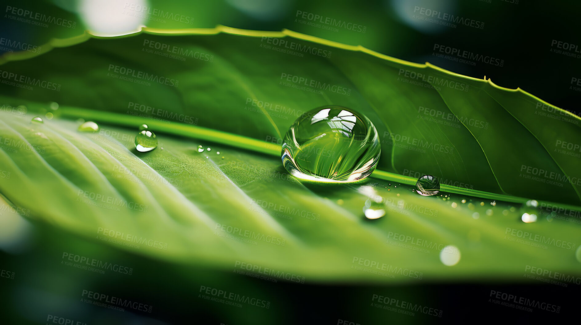Buy stock photo Large drops of rain water on a green leaf macro. Leaf texture in nature