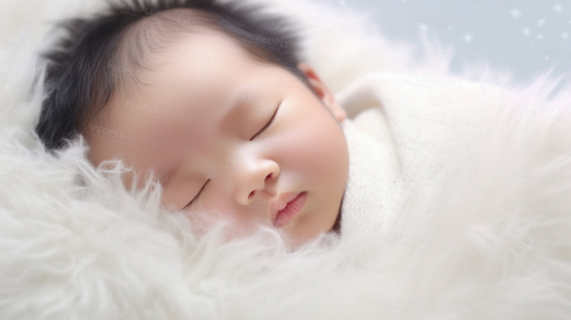 Buy stock photo Closeup of sleeping newborn boy baby. Portrait of baby wrapped in blanket