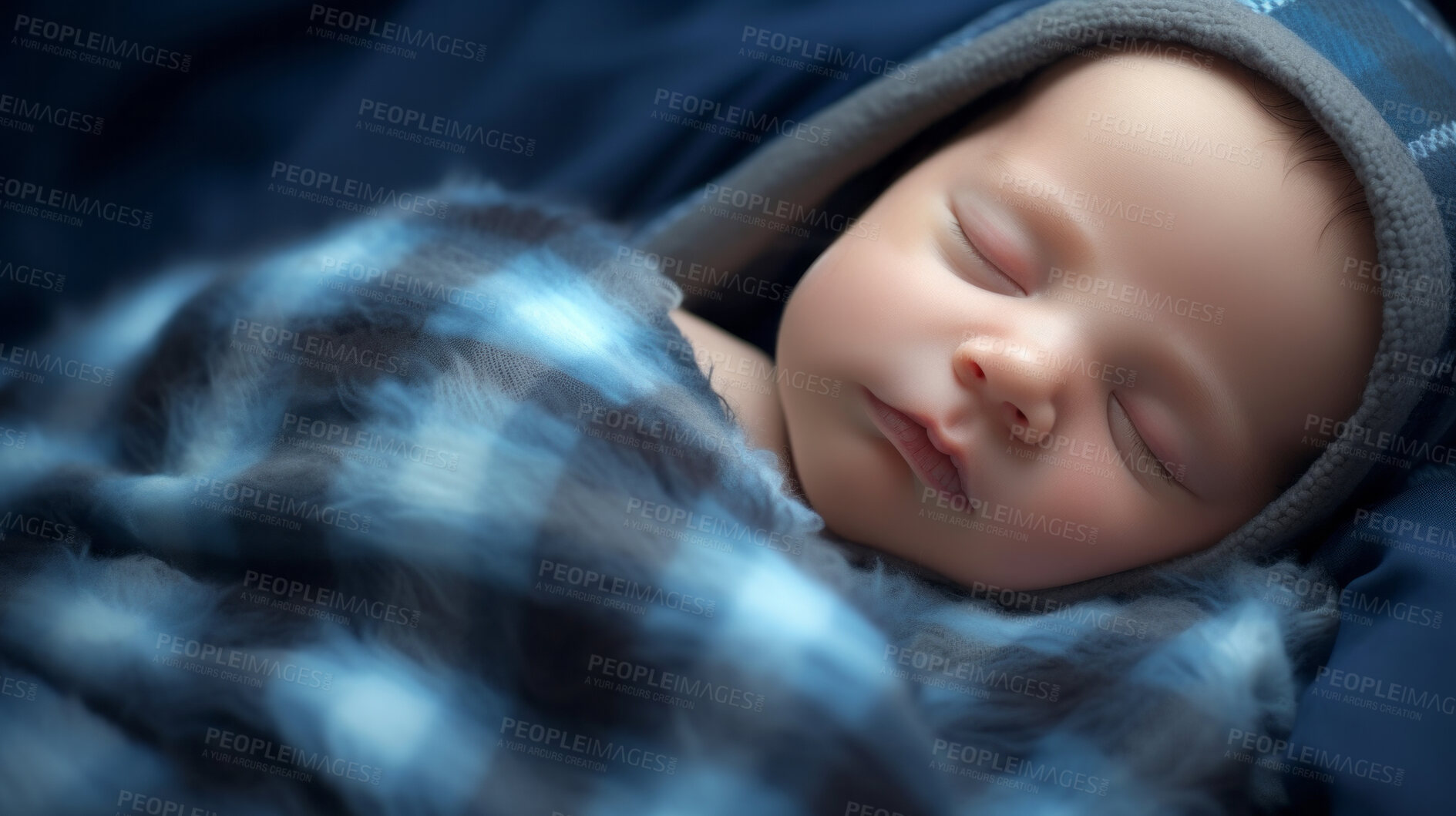 Buy stock photo Closeup of sleeping newborn boy baby. Portrait of baby wrapped in blanket