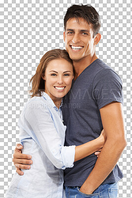 Buy stock photo Happy, portrait and a couple with a hug for love, marriage and gratitude together. Smile, young and a man and woman with care, affection and romance while isolated on a transparent png background