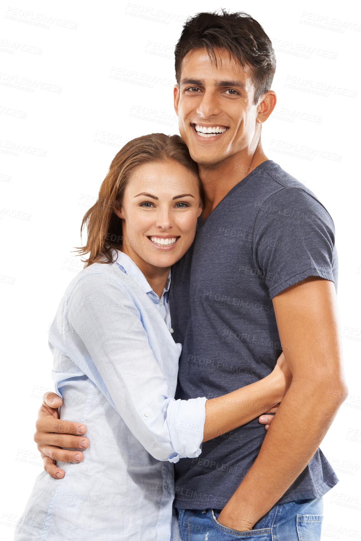 Buy stock photo Happy, portrait and a couple with a hug for love, marriage and gratitude together. Smile, young and a man and woman with care, affection and romance while isolated on a transparent png background