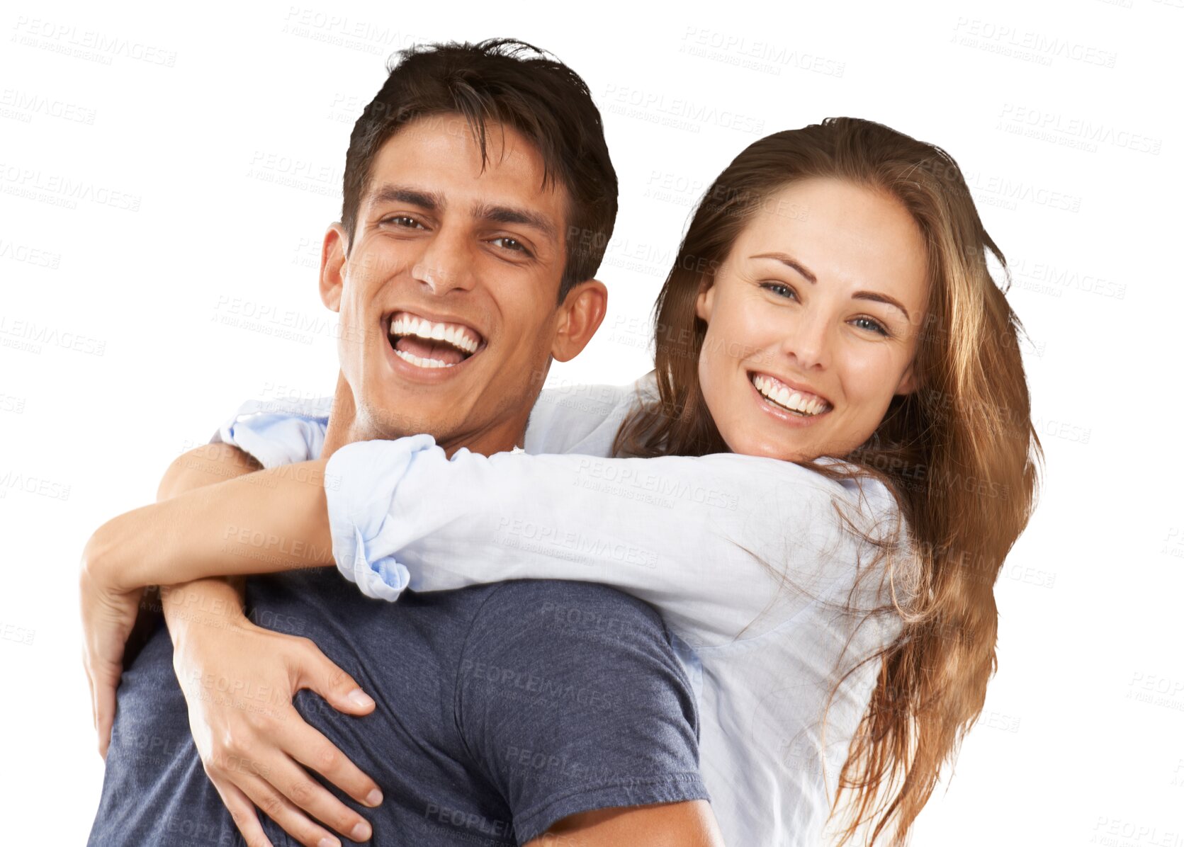 Buy stock photo Happy, portrait and couple in piggy back or hug with love on isolated, transparent or png background and laughing together. People, embrace or man support woman with smile and happiness on face