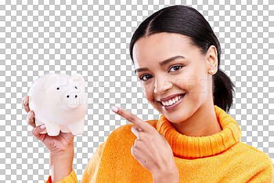 Buy stock photo Piggy bank, portrait and happy woman pointing with saving money for financial growth. Banking, container and model smile from cash and coins investing isolated on a transparent, png background