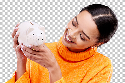 Happy woman, money and savings for investment, budget or finance against a blue studio background. Female smile holding piggy bank with cash for coin, profit or investing profit and financial freedom
