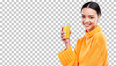 Buy stock photo Woman, happy portrait and wellness with orange juice for health with a smile. Female model, glass and fruit cocktail drink for detox, nutrition and vitamin c isolated on a transparent, png background