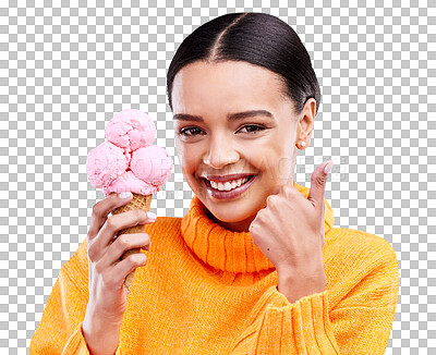 Woman, studio portrait and ice cream with thumbs up, smile or happiness by blue background. Girl, model and sweet dessert with hand sign, happy and excited for food, icecream and eating by backdrop