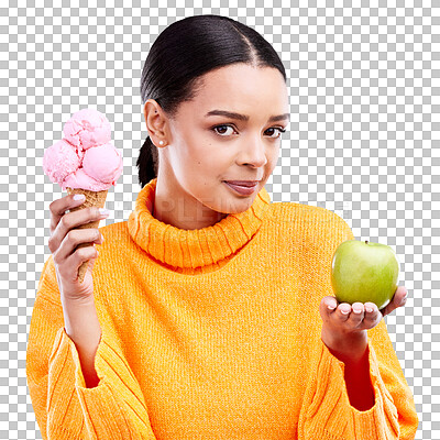 Woman, ice cream and apple with choice in portrait for health, wellness and diet by blue background. Girl, model and decision for healthy fruits, junk food and balance in nutrition for body benefits