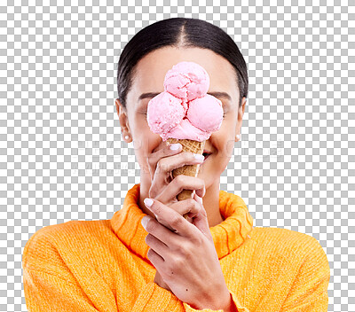 Ice cream, cover and hide with woman in studio for snack, dessert and sweets. Diet, summer and junk food with female and frozen gelato isolated on blue background for sugar, nutrition and mockup