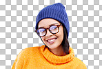 Portrait of woman in winter fashion with smile, beanie and glasses isolated on blue background. Style, happiness and gen z girl in studio backdrop with happy face and warm clothing for cold weather.