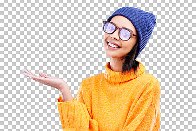 Woman palm, smile and portrait in a studio with promotion and announcement. Excited, isolated and blue background with mockup of a gen z girl and cool young female show marketing with happiness