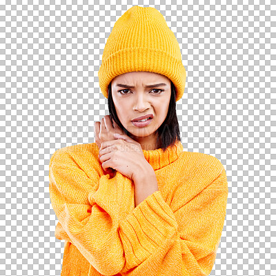 Portrait of woman in winter fashion with doubt, beanie and confusion isolated on blue background. Style, confused face of gen z girl and studio backdrop, headshot with warm clothing for cold weather.