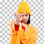 Portrait, hand gesture and rude with a woman on a blue background in studio wearing a yellow beanie or outfit. Emoji, angry and insult with an attractive young female showing the middle finger