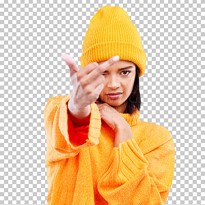 Portrait, hand gesture and rude with a woman on a blue background in studio wearing a yellow beanie or outfit. Emoji, angry and insult with an attractive young female showing the middle finger