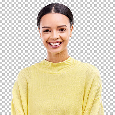 Buy stock photo Fashion, smile and portrait of woman with style and confident isolated in a transparent or png background. Relax, happiness and headshot of young person pose with clothes for calm natural beauty