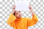 Poster, thinking and face of woman on blue background for announcement, news and information. Advertising, mockup studio and isolated happy girl with paper sign for brand, logo and product placement