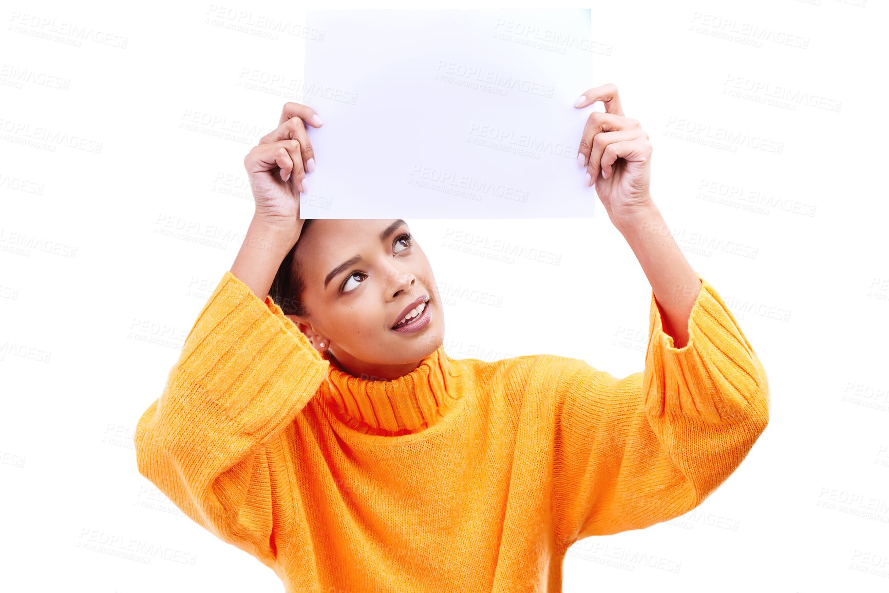 Buy stock photo Paper, mockup and woman with hand holding banner, deal or info on isolated, transparent or png background. News, space and lady model show coming soon, giveaway or sign up service, offer or platform