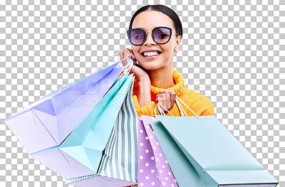 Buy stock photo Retail, shopping and portrait of woman with bag on isolated, png and transparent background. Boutique sale, mall and happy person with sunglasses excited for discount, clothes deal or fashion bargain