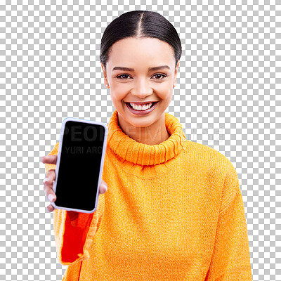 Buy stock photo Phone screen, space and portrait of happy woman with sign up guide on isolated, transparent and png background. Smartphone, app and face of female model show social media mockup, blog or forum offer