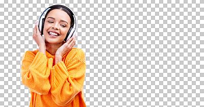 Music headphones, woman and smile on blue background, mockup studio and backdrop. Happy female, gen z model and listening to sound, streaming album and audio connection on media, mock up and podcast
